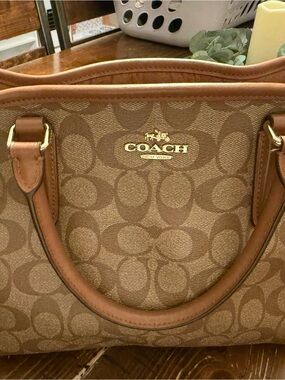 COACH Brown Signature Canvas Satchel with Tan Leather Trim